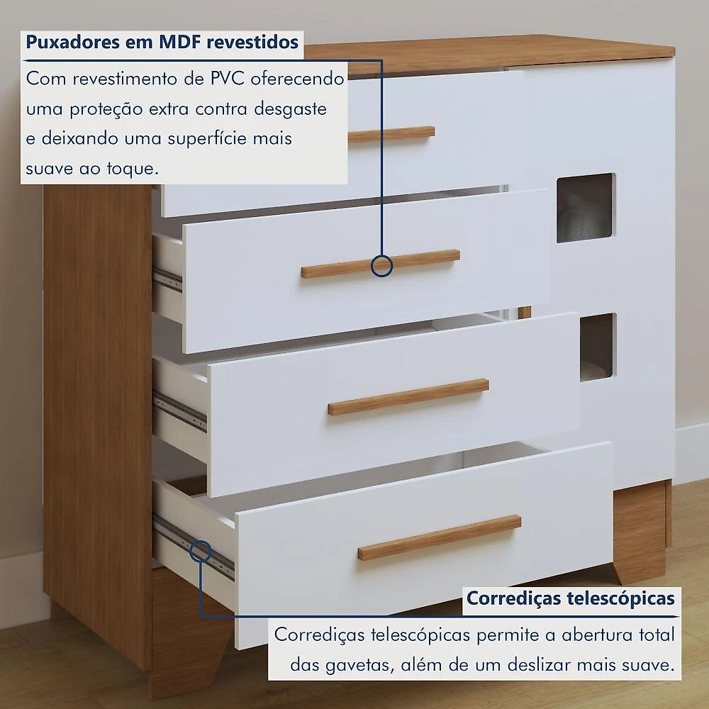 Quarto de Bebê Completo com Cômoda, Berço com Colchão e Guarda Roupas Mila Branco/Amadeirado