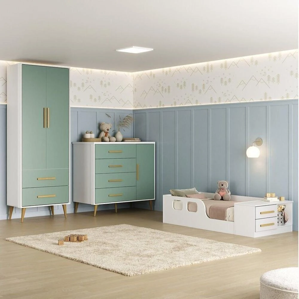 Quarto Infantil com Guarda-roupa 2 Portas 2 Gavetas com Cômoda e Cama Magia Espresso Móveis