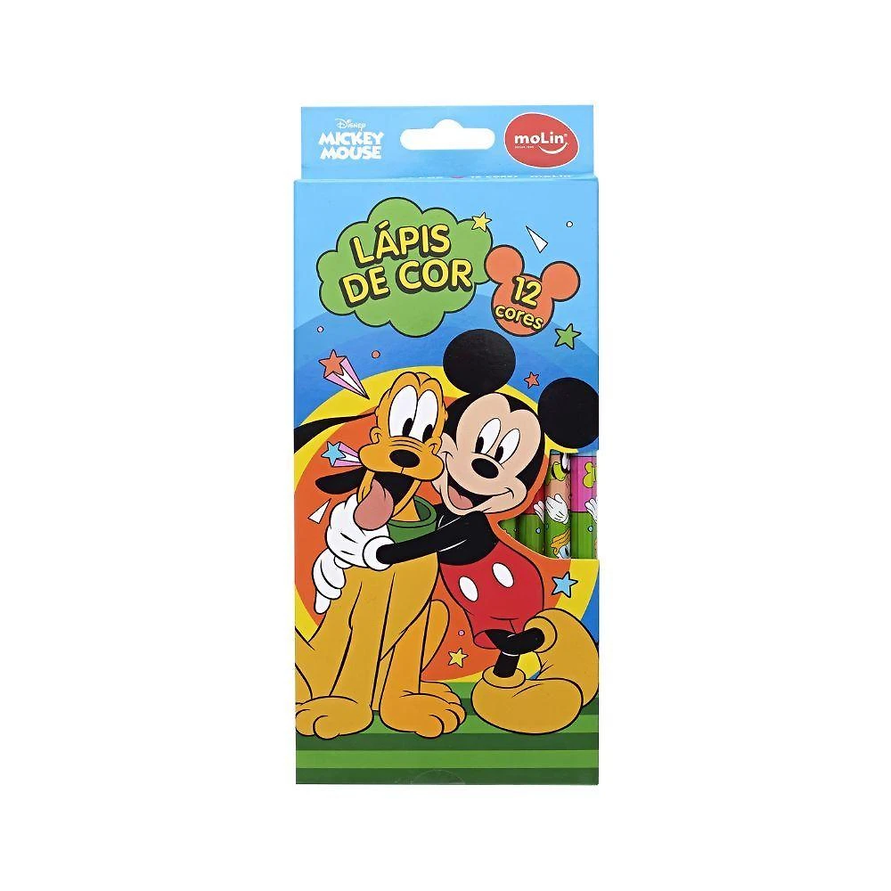 Lápis de Cor Molin do Brasil Mickey Mouse Estampa 2 com 12 Cores Vibrantes para Atividades Criativas