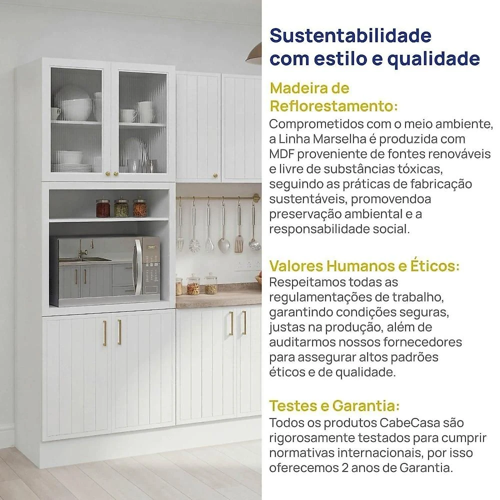 Cozinha Modulada 4 Pçs com Tampo com Cristaleira Marselha Cabecasa Madeiraoriginals Branco/Calcare