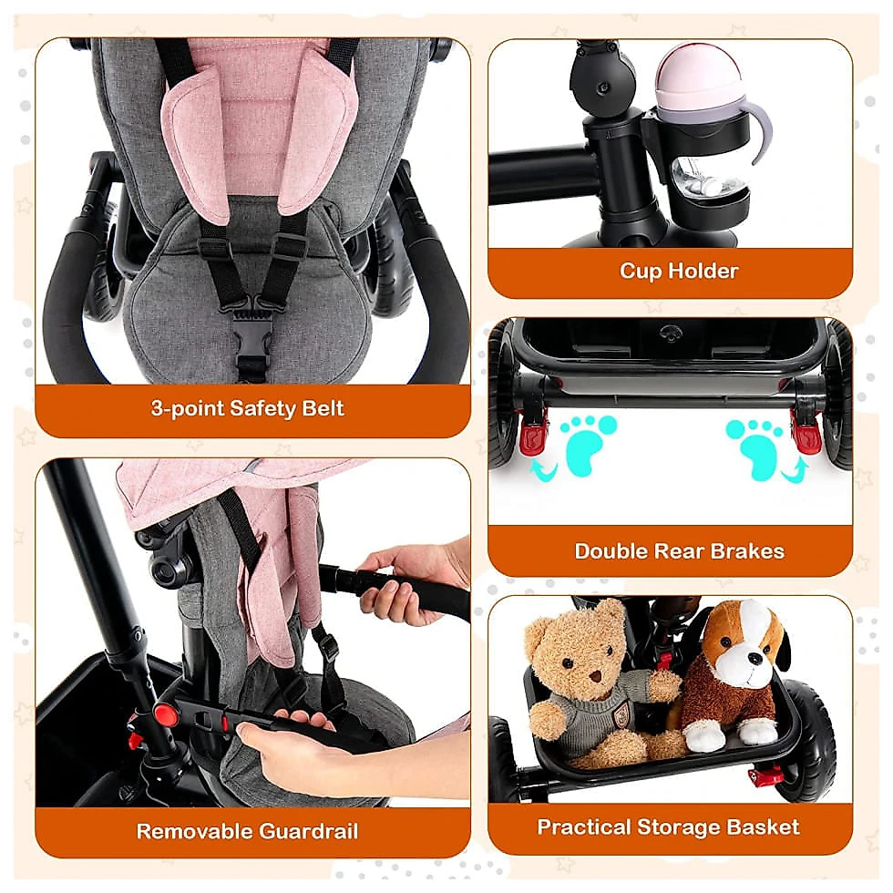 Triciclo Infantil para Passeio HONEY JOY com Assento Ajustável 5 Estágios, Idade Recomendada 1 a 5 Anos, Rosa