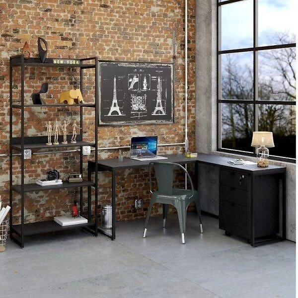 Mesa de Escritório em L Estilo Industrial 1,50Mx1,50M Kuadra Compace Preto Onix
