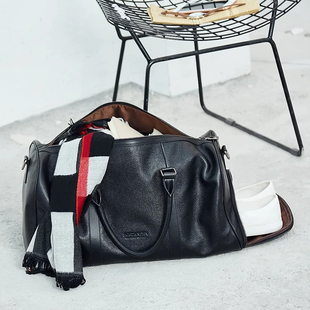BOSTANTEN Bolsa de Viagem Masculina Clássica de Couro Genuíno Preta
