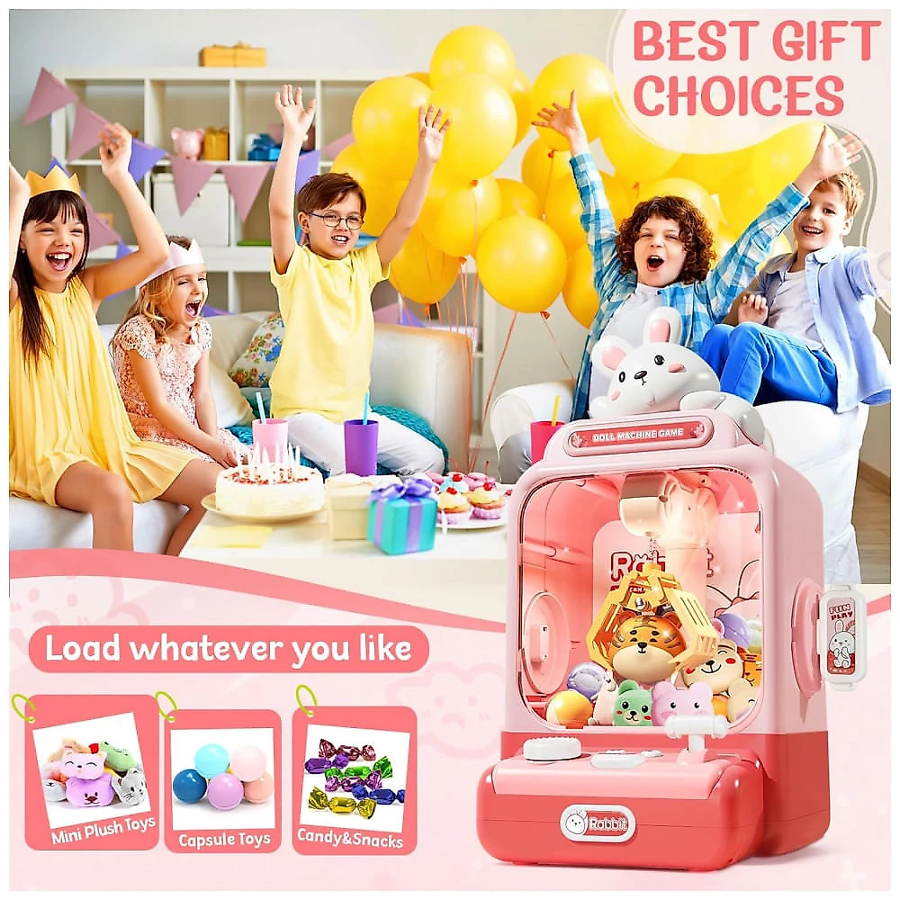 Máquina de Garra Rosa MIAOKE – Mini Arcade Infantil com Música, Luzes, Sons e Ajuste de Volume – Presente de Aniversário e Natal