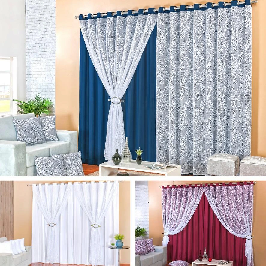 Miniatura Curtina Renda 3M + 4 Capas Almofadas E Presilhas Cor Azul