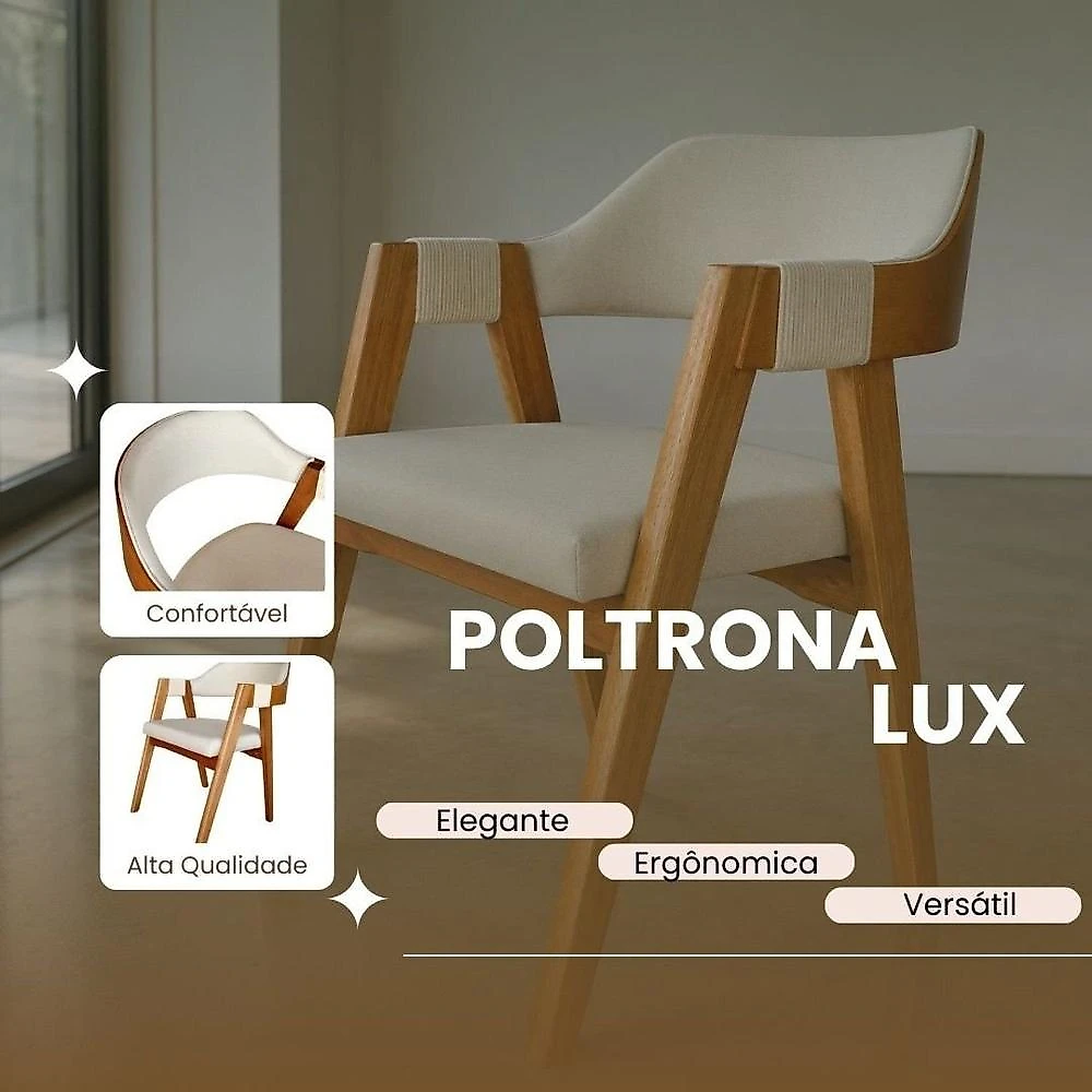 Poltrona/Cadeira Lux Madeira Tecido em Linho Marfim Qualidade Marfim
