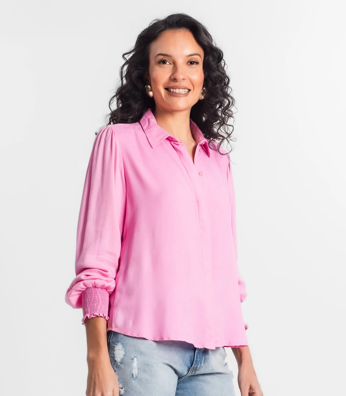 Miniatura Camisa Feminina Manga Longa Punho Lastex Select Rosa G