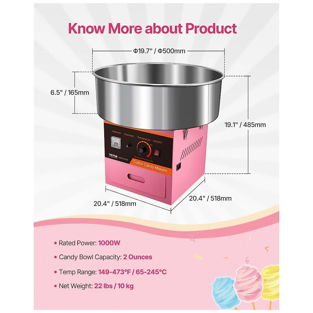 Máquina de Algodão Doce VEVOR Rosa 1000W Comercial Tigela Inox 6 Unidades/min 110V