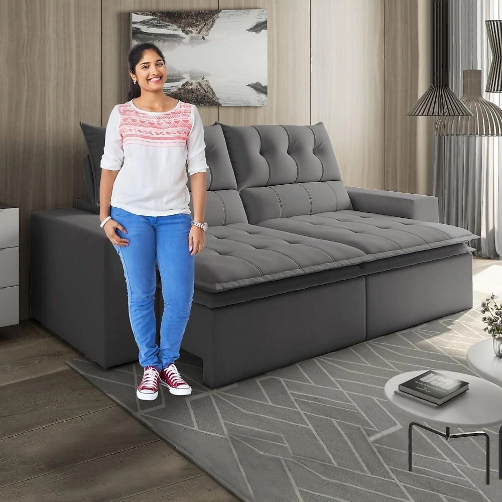 Sofá Retrátil e Reclinável 4 Lugares Pillowtop Duplo Paris Sofá Retrátil e Reclinável 4 Lugares Pillowtop Duplo M118 Veludo/Cinza