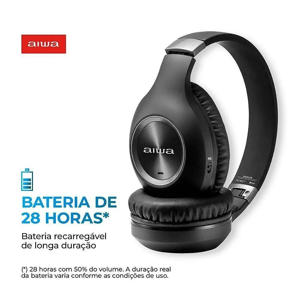 Headphone Aiwa HP-02-B Bluetooth ANC Cancelamento de Ruído 28 Horas Preto