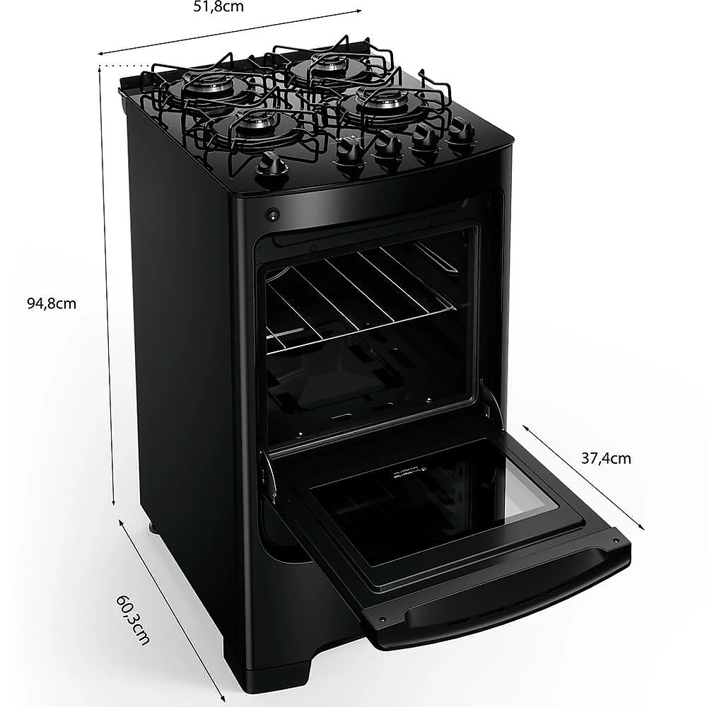 Fogão CFO4VBE com 4 Bocas Mesa de Vidro Grades Individuais Super Estáveis Consul Preto - Bivolt