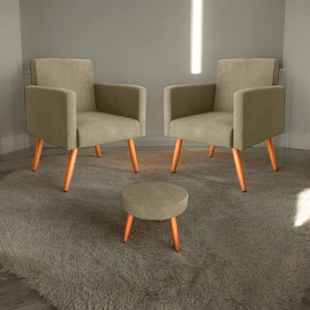 Conjunto Poltronas E Puff Iara Veludo Turkey Cappuccino