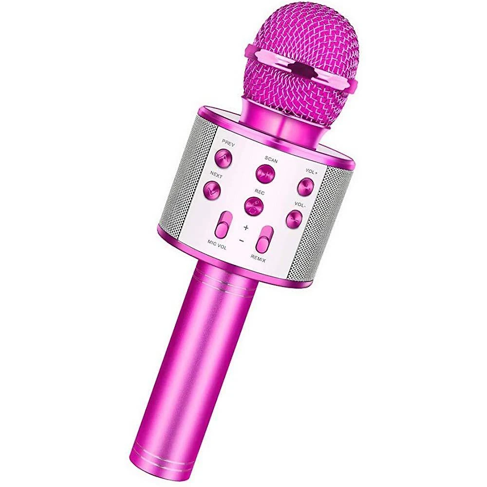 Microfone Infantil de Karaokê sem Fio Ws-858 com Auto-Tune e Vozes Divertidas Rosa Oem