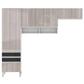 Miniatura Armário de Cozinha Compacta Bartira Jaspe com 6 Portas, 3 Gavetas e 6 Prateleiras - 260,4cm de largura Branco/Cinza