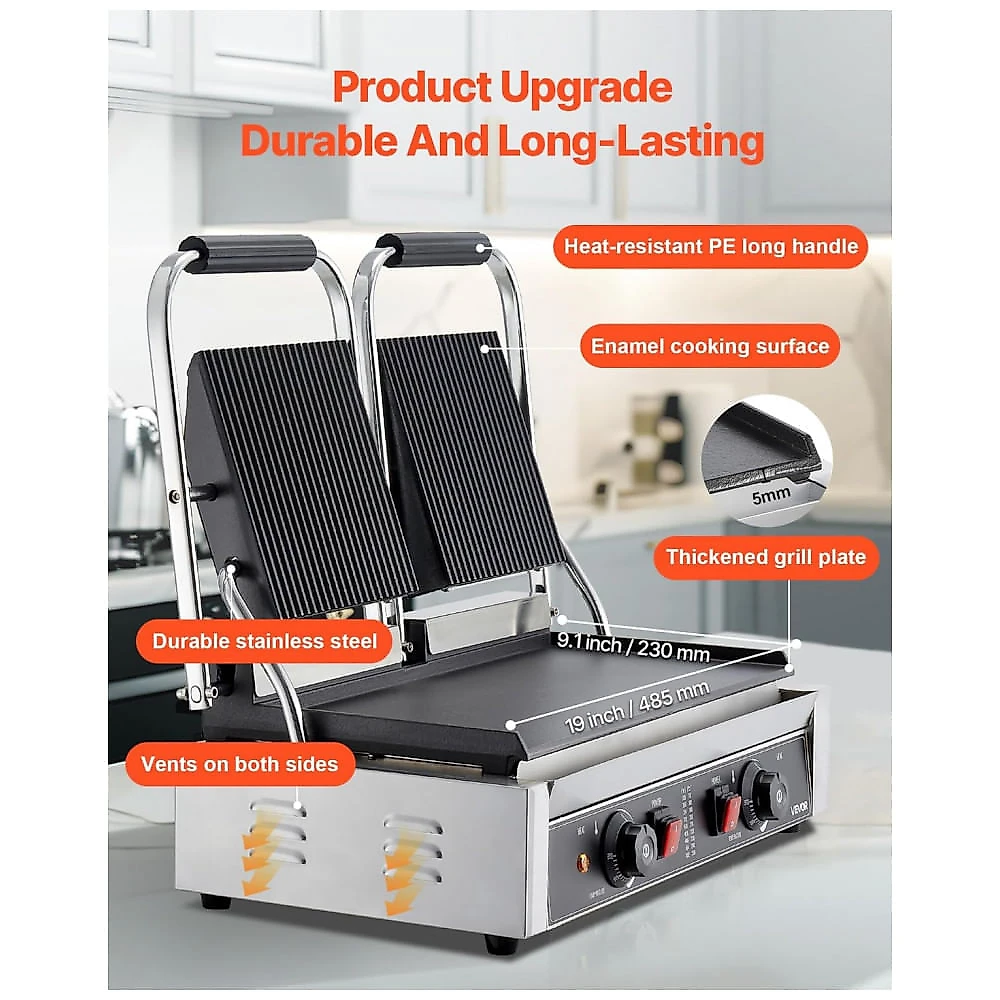 Grill Panini Comercial VEVOR 3600W Dupla Placa Esmaltada Temperatura Ajustável Inox 110V