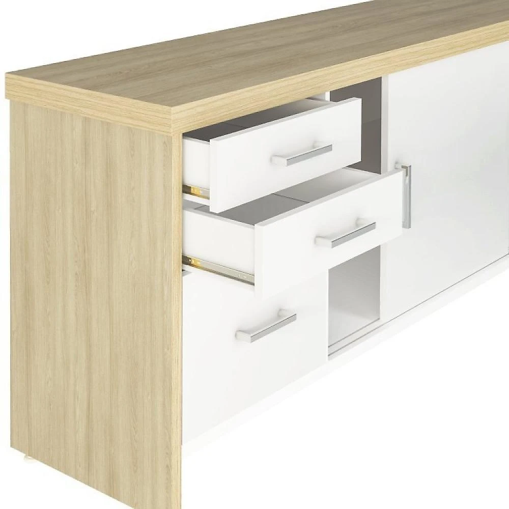 Kit 2 Peças 1 Mesa 180cm Tamburato 4 Gavetas com Balcão 2 Portas 3 Gavetas Escritório Completo 1 Mesa 4 Gavetas com Balcão 2 Portas 3 Gavetas Artany Carvalho/Branco