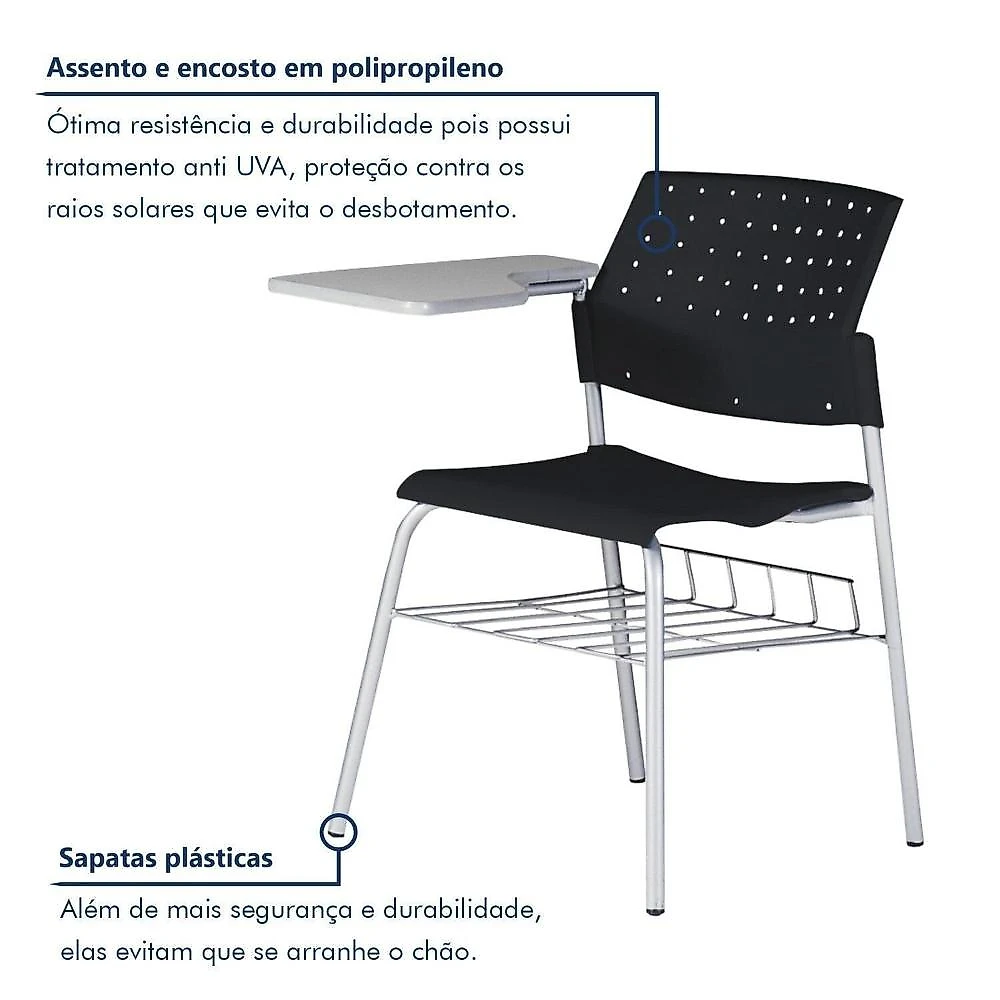 Kit 6 Cadeiras Escolar com Prancheta e Suporte para Livros Movie Conjunto 6 Cadeiras Escolar com Prancheta e Suporte para Livros Movie Preto