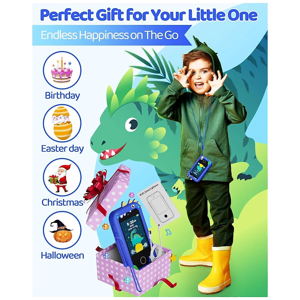 Telefone Infantil KOKODI Dinossauro Azul Marinho, 12MP, Vídeo HD 1080p, Bateria Recarregável, Cartão SD 8GB, Tela Touchscreen, Brinquedo Educativo.