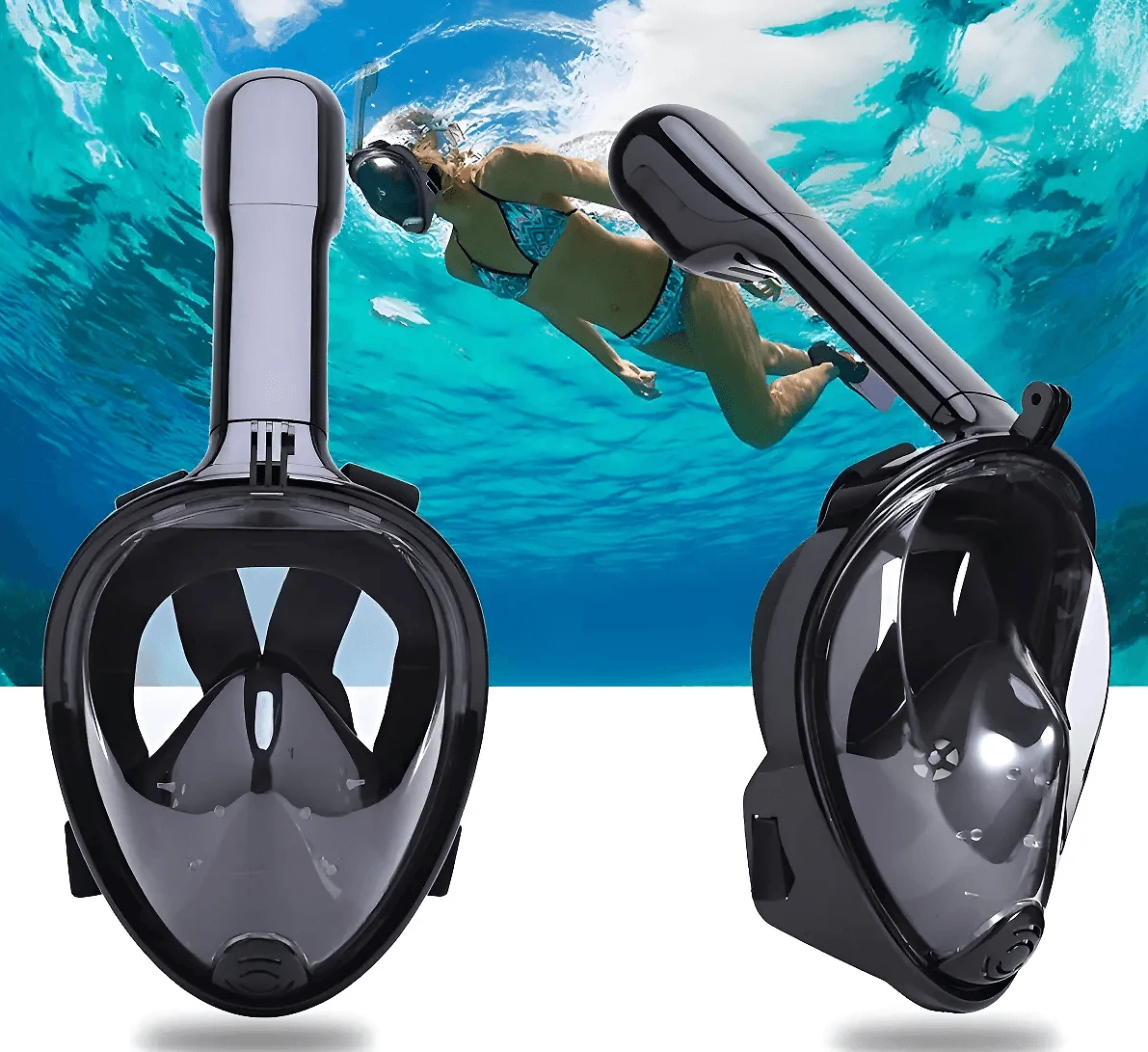 Miniatura Máscara de Mergulho Snorkel Full Face Free Breath Preta com Suporte GoPro