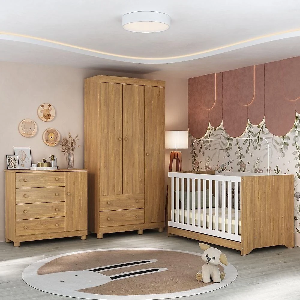 Quarto De Bebê Completo Berço Americano 3 Em 1 Colchão Allegra Multimóveis MP4606 Madeirado