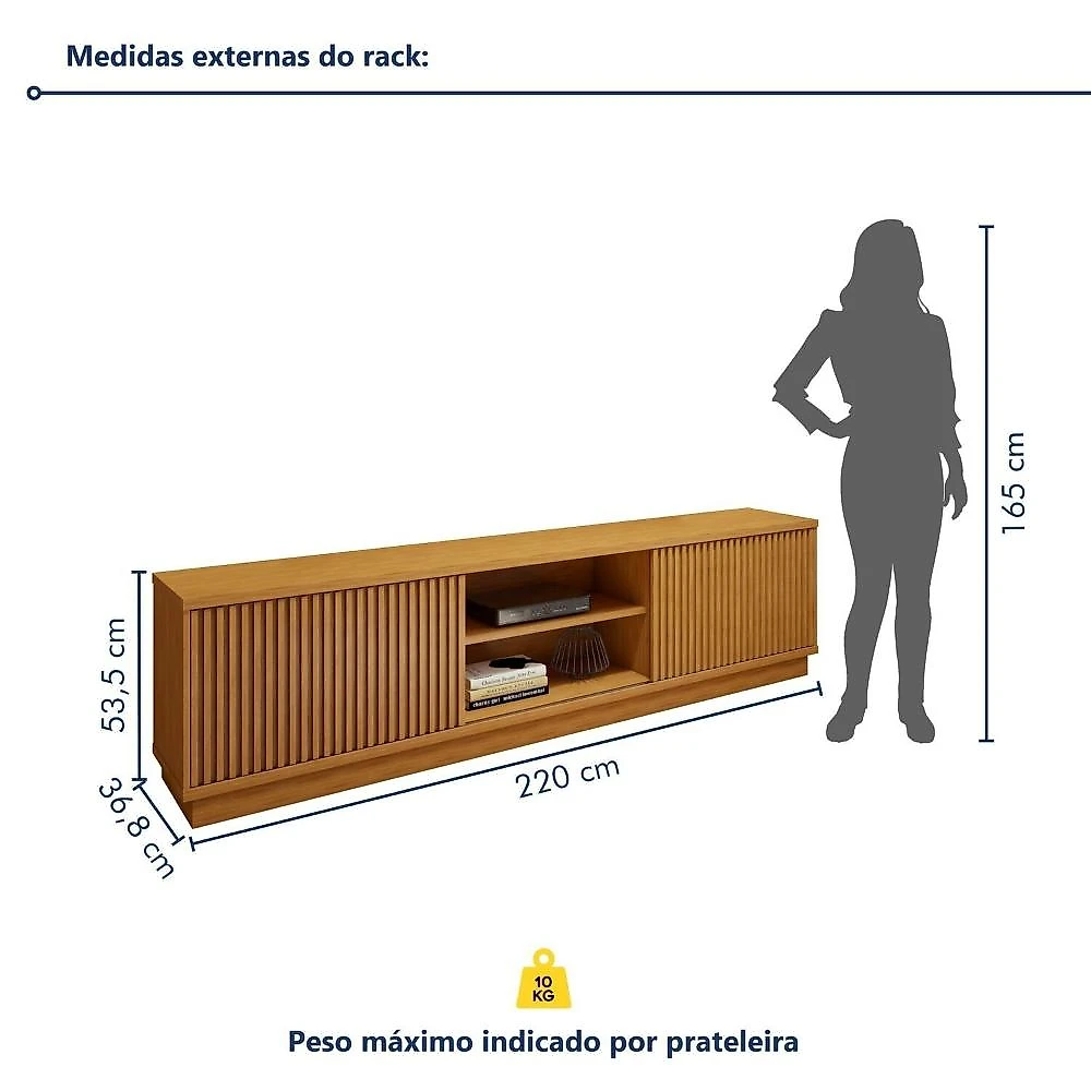 Rack com Painel para TV até 75 Polegadas Ripado 100% MDF sem Led 220cm Paris Arezzo Conjunto Rack Arezzo 220cm com Painel Ripado para Tv de até 75 Polegadas Paris Naturalle