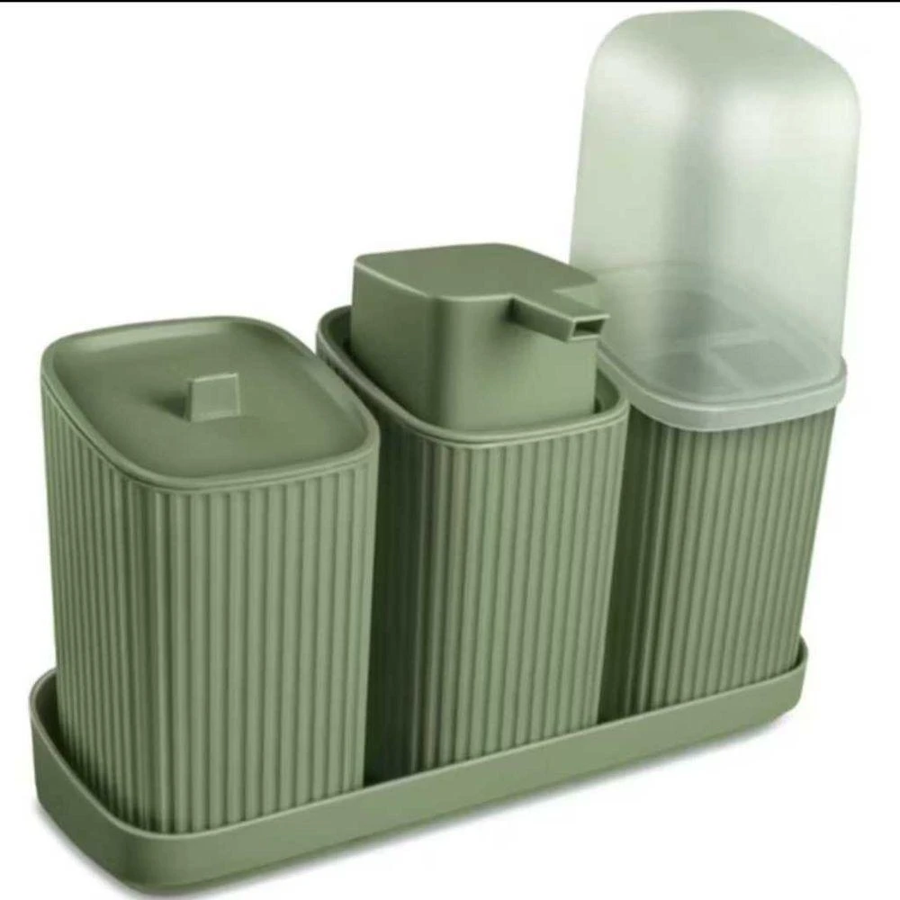 Kit Banheiro 3 Peças com Bandeja Dispenser 400ML Porta Algodão Escovas e Sabonete Líquido OEM