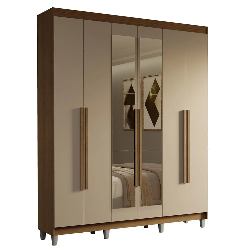 Guarda-roupa casal com pés 6 portas batentes com espelho rustic/crema/rustic saturno madesa