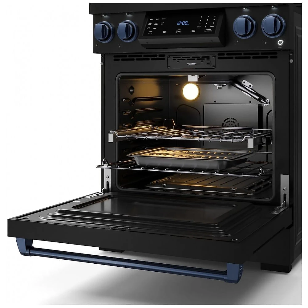 Fogão a gás GLP profissional 76cm Thor Kitchen Gordon Ramsay preto/azul marinho painel touch basculante convecção grelha contínua 129L 110V