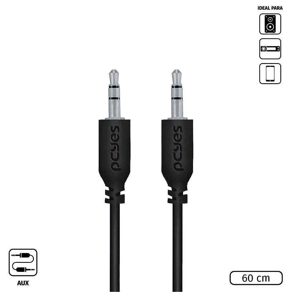 Cabo de Áudio Pcyes P35m-06 P2 3.5mm Macho para Fêmea 28AWG 60cm Bivolt Preto