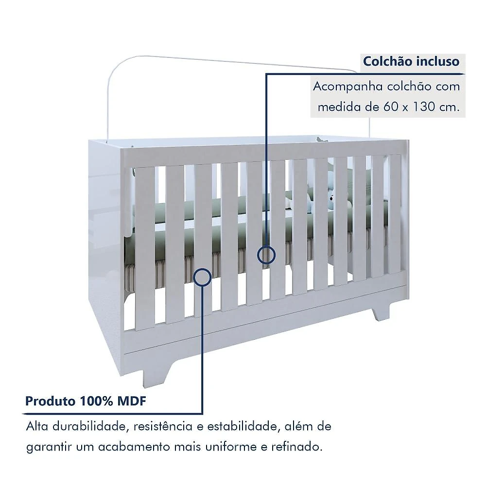 Quarto de Bebê Guarda Roupa 3 Portas e Berço Mini Cama 100% MDF com Colchão Nina  Branco