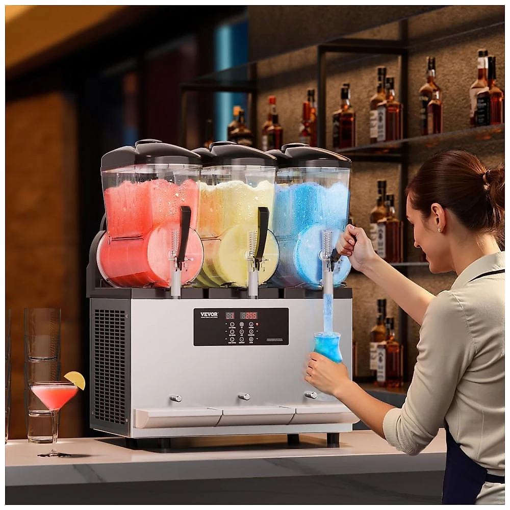 Máquina de Slush Raspadinha VEVOR 12Lx3 Triplo Tanque 144 Copos Auto Limpeza Inox 240V