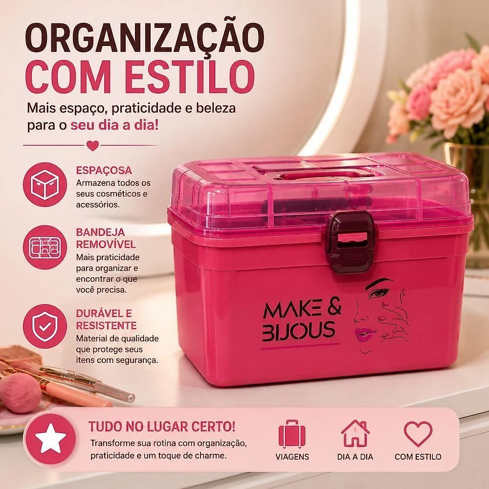 Frasqueira Grande Rosa Organiza Maquiagem Cosméticos Multiuso Bandeja Interna Removível