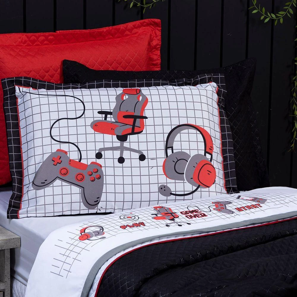 Jogo De Cama Lençol Queen Game Streamer Branco/vermelho Com Fronhas E Virol Estampados 04 Peças - Percal 200 Fios