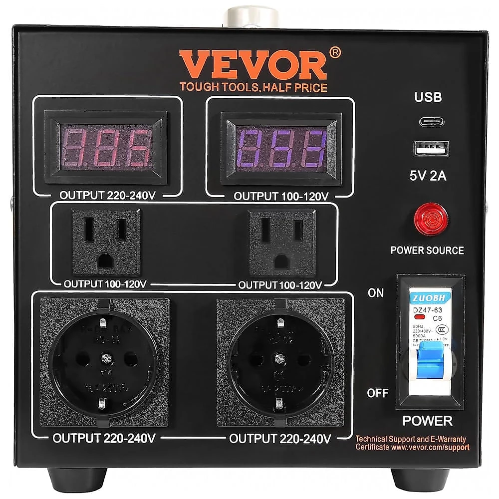 Transformador (Conversor) de Voltagem VEVOR 2000W Elevação/Redução 110V para 220V/220V para 110V 2 US 2 EU USB Type-C 2 LED CE FCC VEVOR-507ab118.
