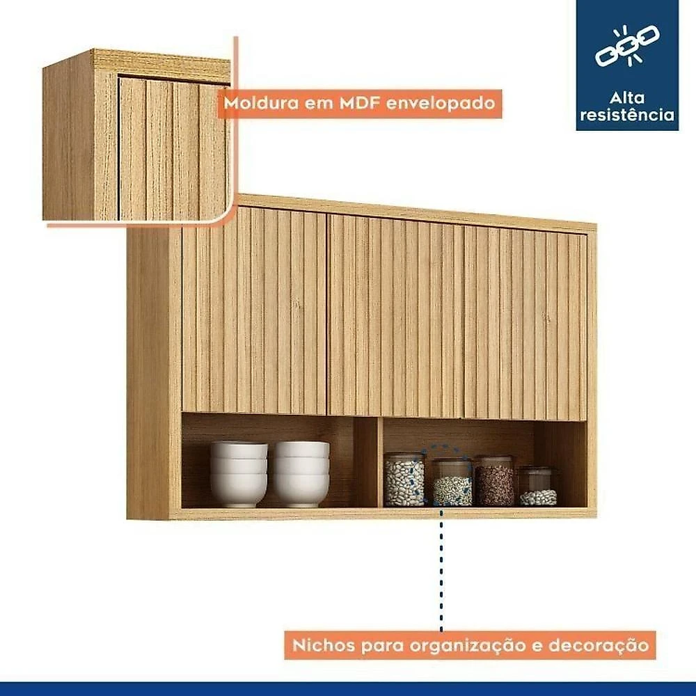 Conjunto de Cozinha Balcão 3 Portas 2 Gavetas e Armário Aéreo 120cm 3 Portas Ripado Torino Cinamomo/Off White