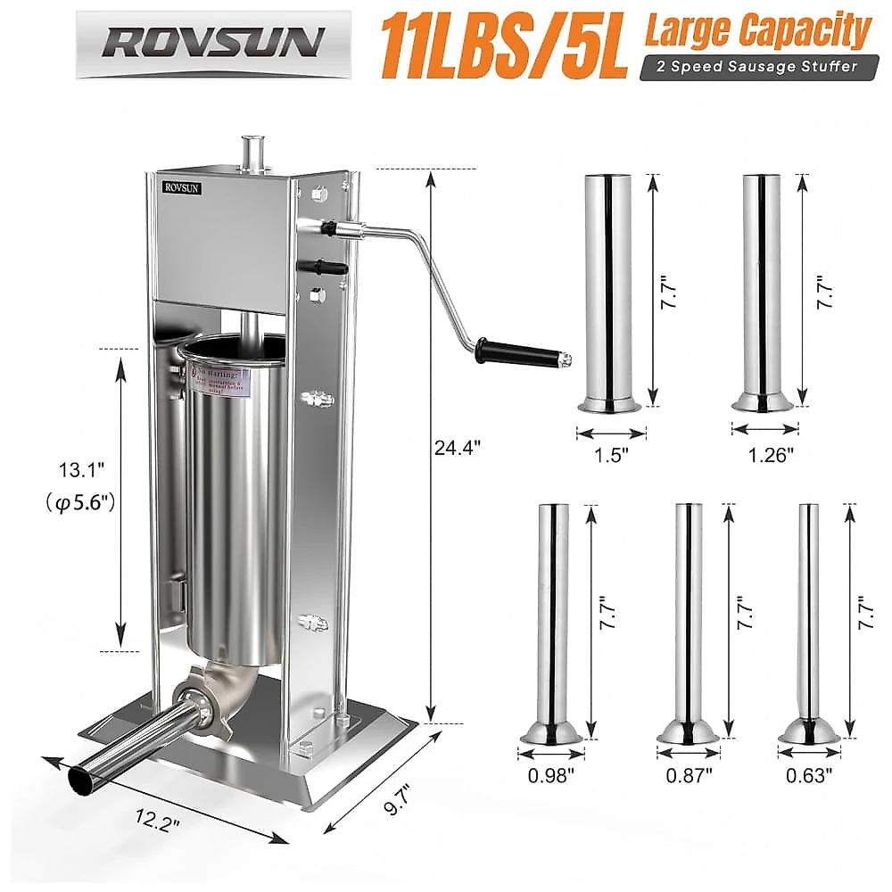 ROVSUN 5LBS - 11Kg Máquina de Encher Linguiça Manual, Fabricante de Linguiça Vertical de Aço Inoxidável com Duas Velocidades, Máquina de Encher Carne