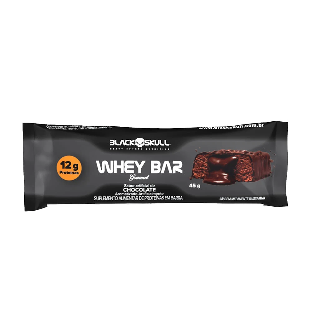 Barra de Proteína Black Skull Whey Bar Gourmet Sabor Chocolate com 12g de Proteína 45g