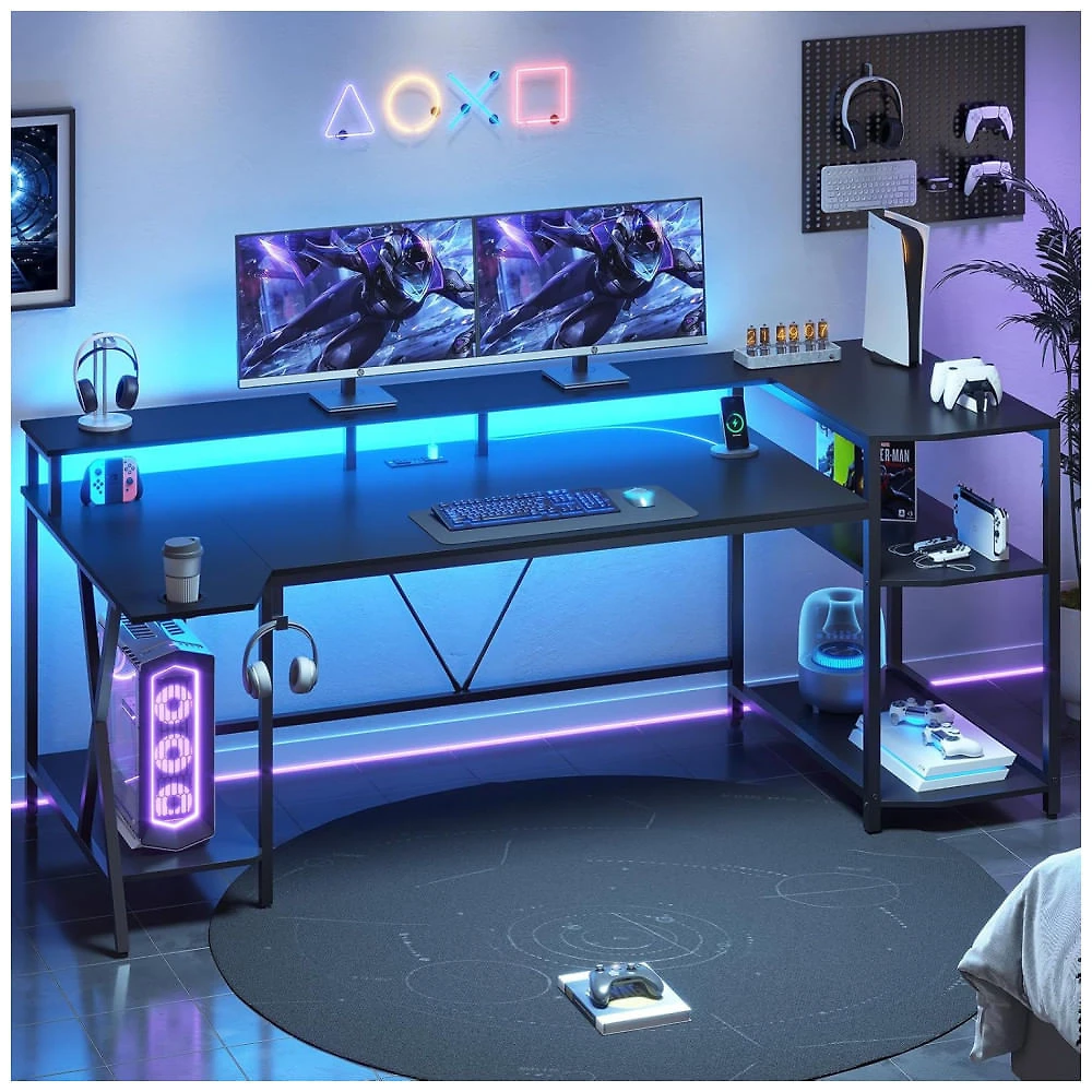 Mesa Gamer 70.8" 180 cm com Luz LED, Porta-Copos, Suporte para Monitor, Prateleiras de Armazenamento e Tomadas, 110V, SEDETA, Preto