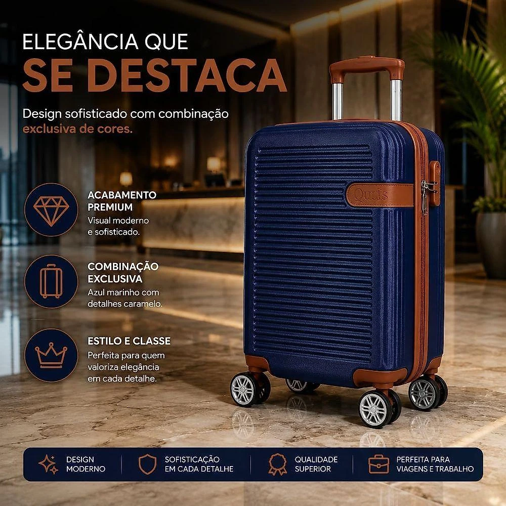 Mala de Viagem Pequena de Bordo 360 Rígida com Rodinhas Giro Duplo Azul Escuro