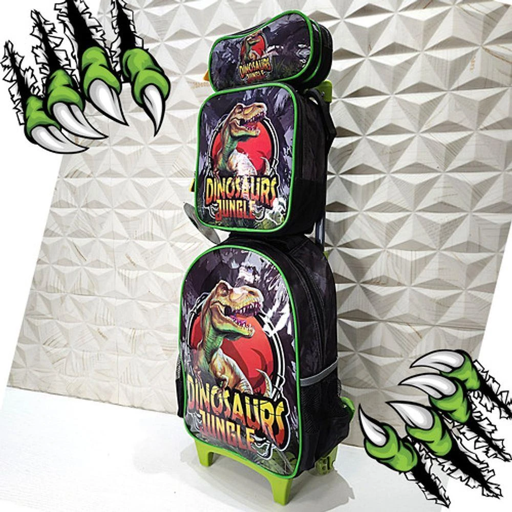 Kit Mochila Rodinha Lancheira Estojo Denlex Jungle Dinossauro