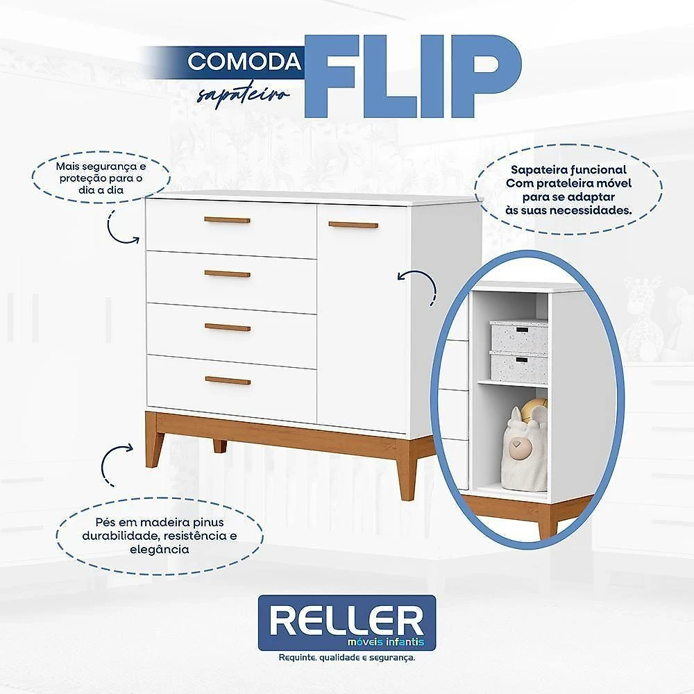 Jogo De Quarto Infantil Flip Cômoda 1 Porta E Berço Americano Branco Fosco - Reller Móveis Branco Fosco