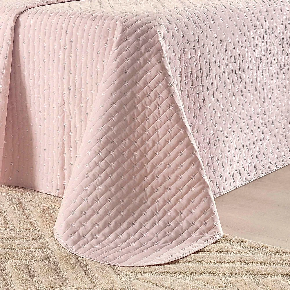 Kit Cobre Leito Colcha Quality King 3 Peças Percale 200 Fios Bordado Rosa 100% Poliéster