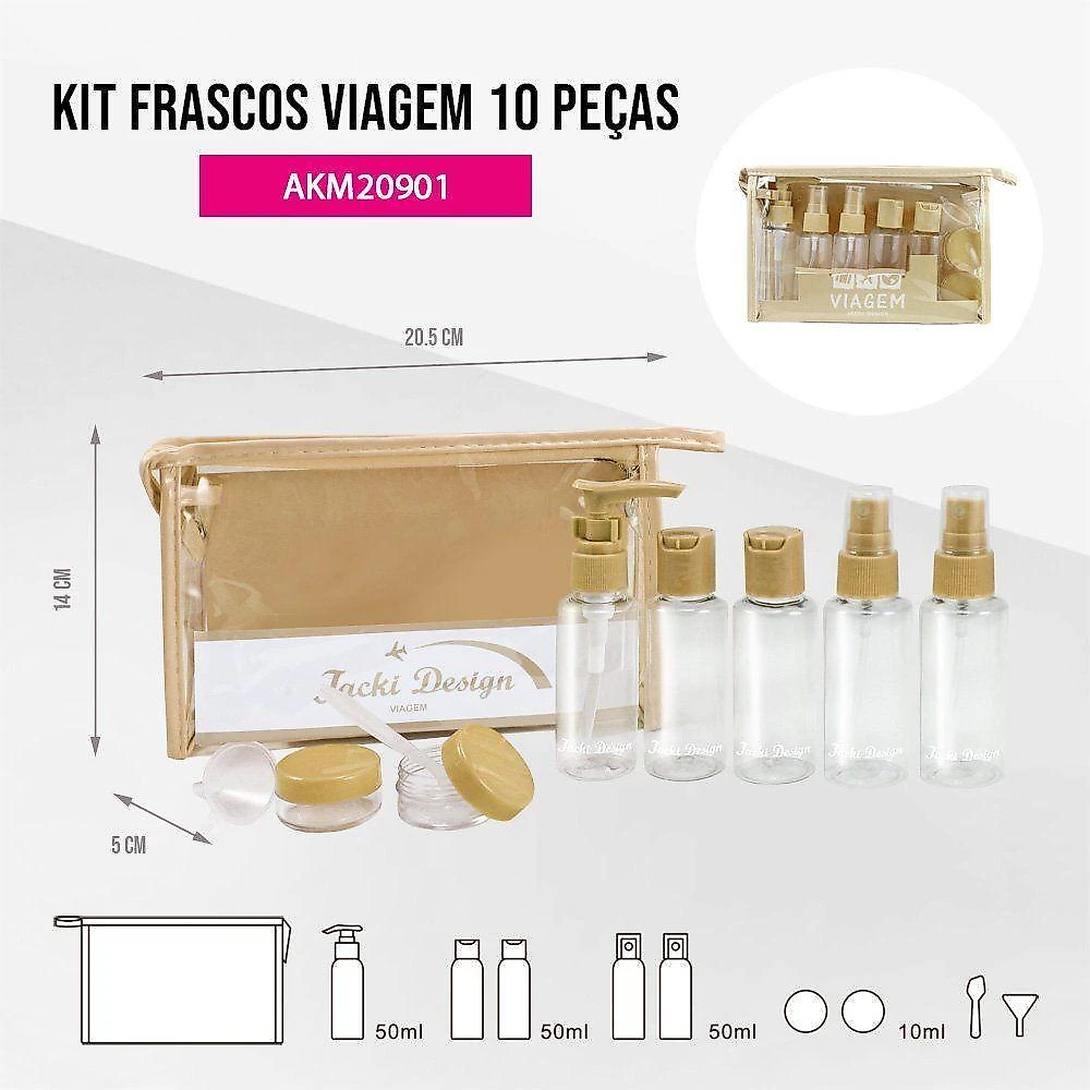 Kit Mala De Bordo, Bolsa Transparente E Frascos De Viagem De 10 Peças Bege