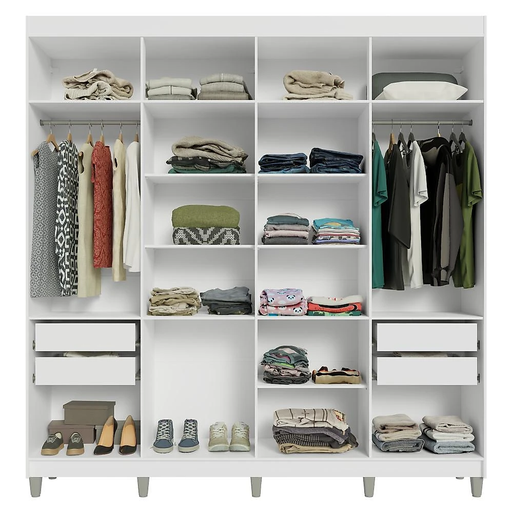 Guarda-roupa casal com pés 8 portas batentes venus madesa branco/branco/preto