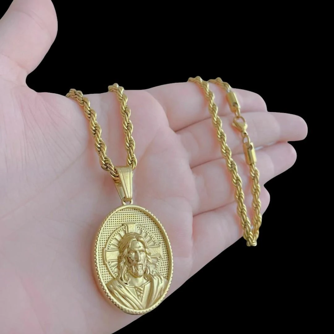 Miniatura Cordão Baiano 5Mm + Pingente Jesus Oval - Banhado A Ouro