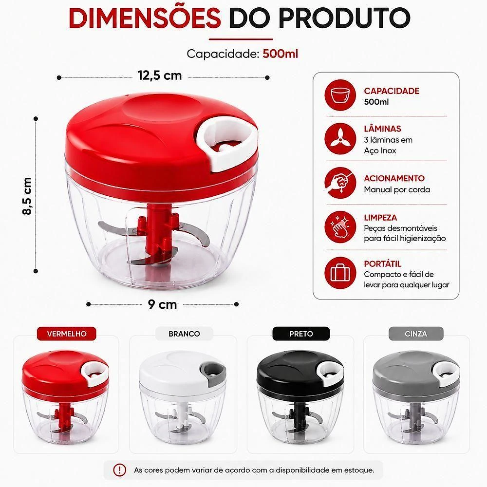 Processador Manual de Alimentos Processador 500ML com 3 Lâminas em Aço Inox Plástico PS Branco Yeet