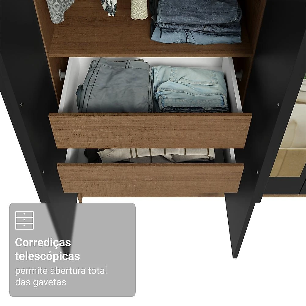 Guarda-roupa solteiro 4 portas batentes com espelho rustic/preto/preto venus madesa