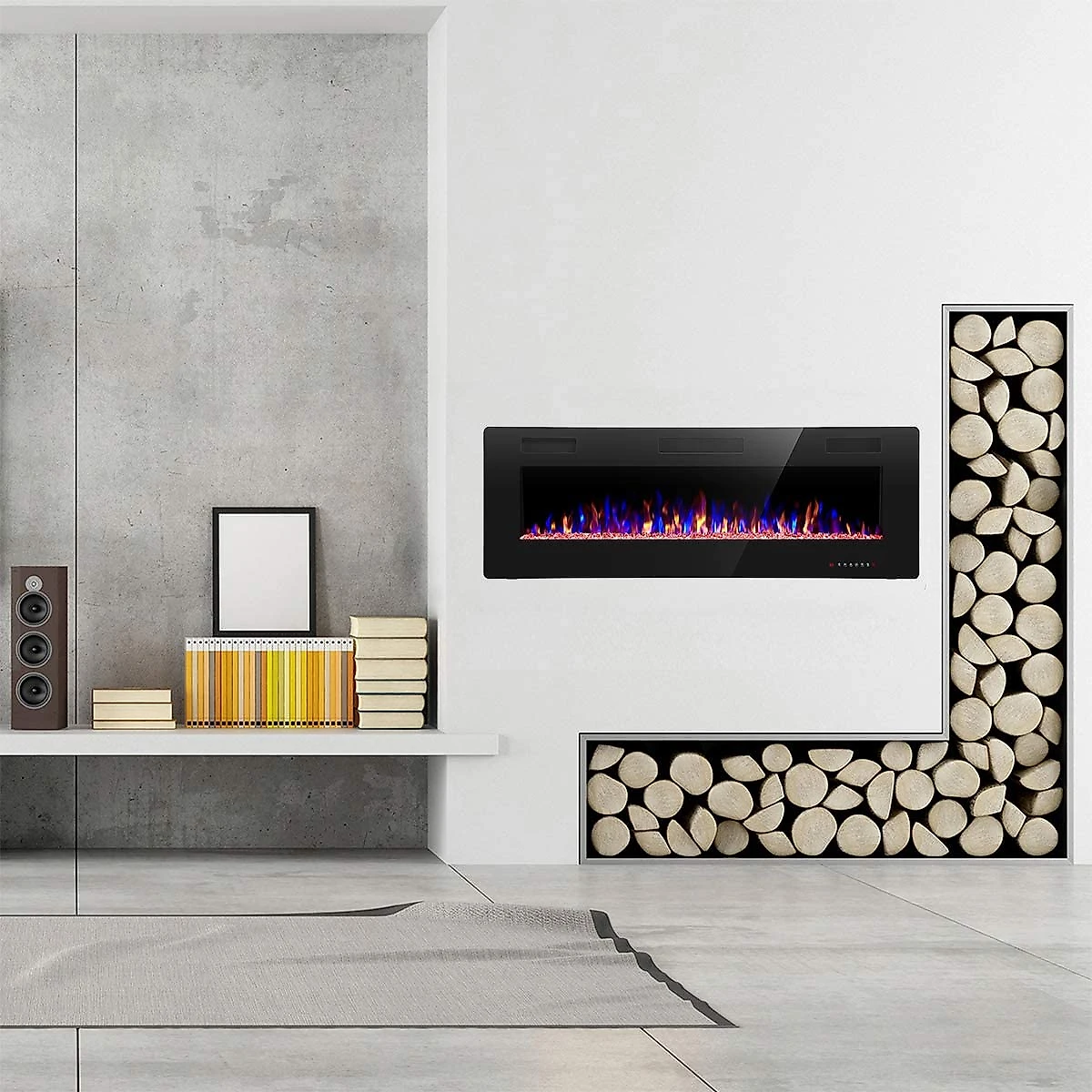 RWFLAME Lareira Elétrica de Embutir A45x91L com Controle Remoto e Luz de LED Tela Sensível ao Toque 110V1500W Preto
