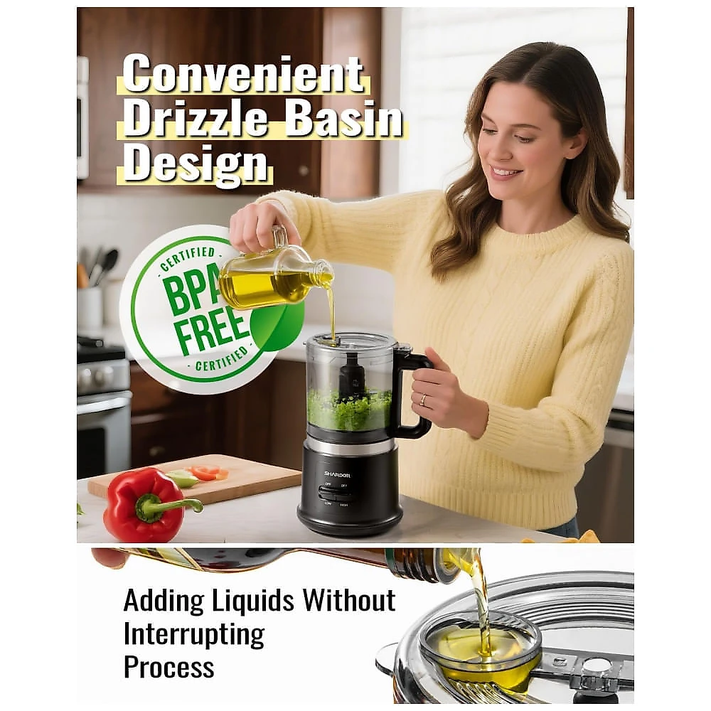 Mini processador de alimentos SHARDOR preto 4 xícaras, 400W, 2 velocidades, 4 lâminas inox e batedor, 110V