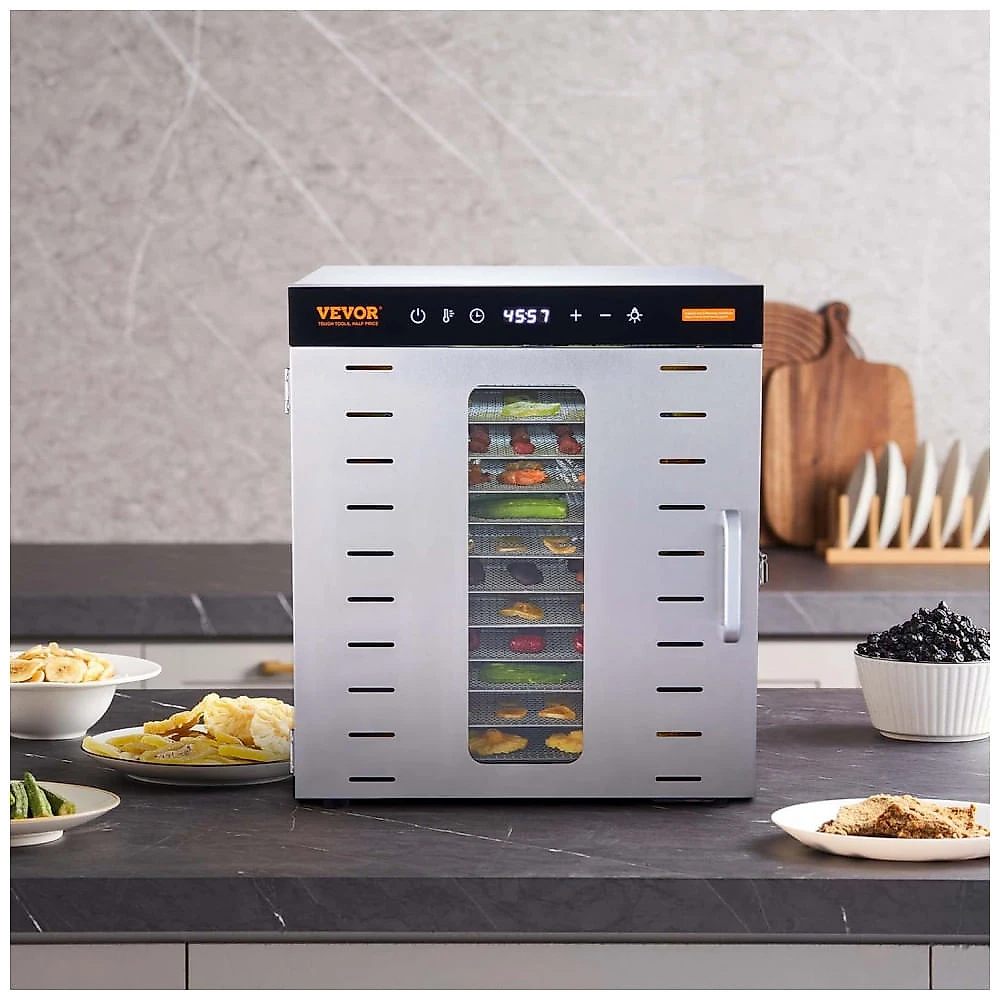 Desidratador de Alimentos VEVOR 10 Bandejas Prata 1000W com Timer e Temperatura Ajustáveis 240V